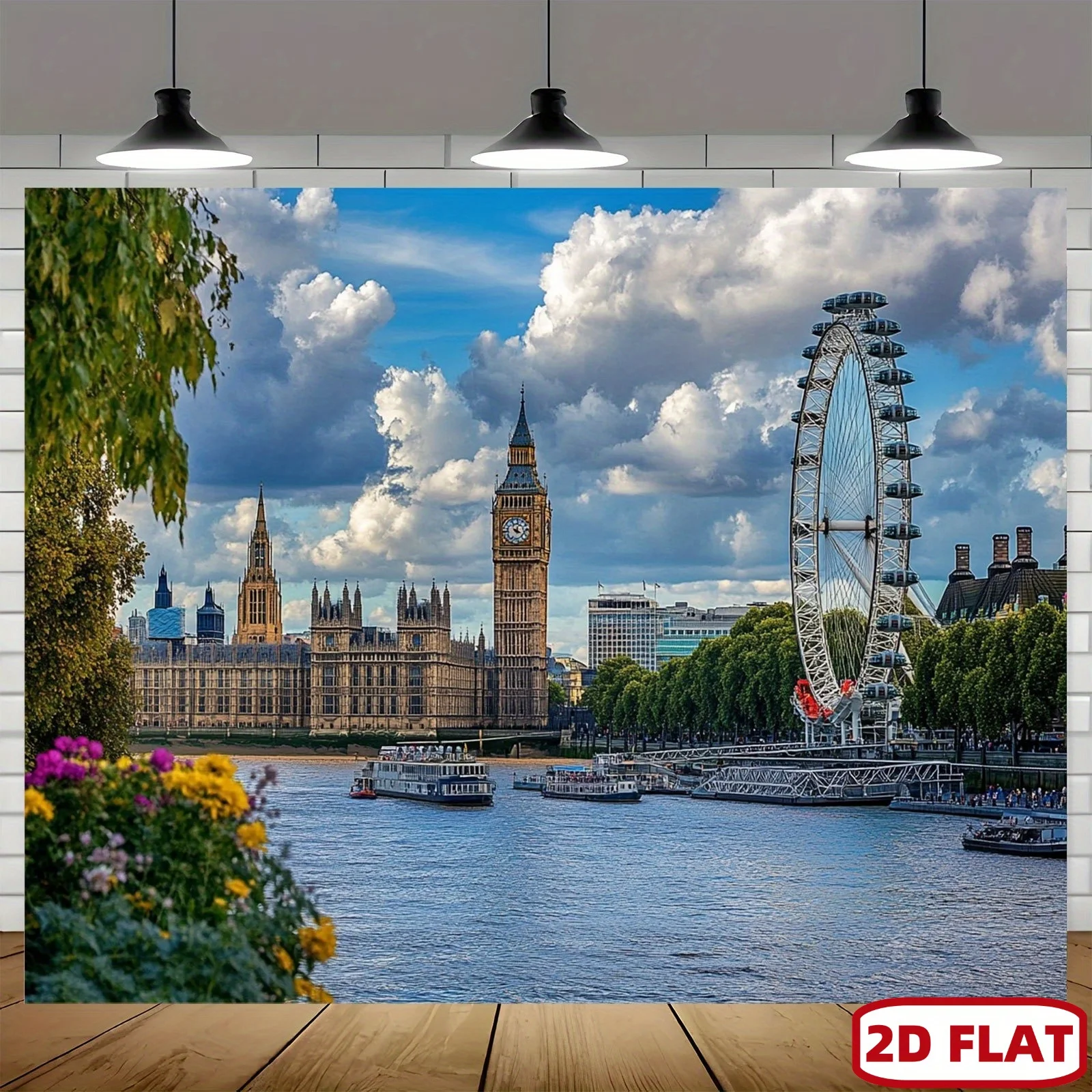 2D flacher 1-teiliger Fotohintergrund „London Eye and Big Ben Thames“ – Partybanner mit London Skyline und The River Thames