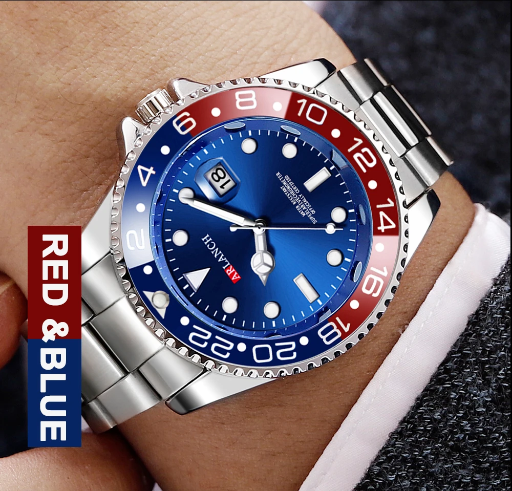 Business-Edelstahluhr 40mm Klassische Rot-Blaue Kreis-Taucheruhr mit Vergrößerungsglas und Kalender Quarzuhren montre homme – Detail 7