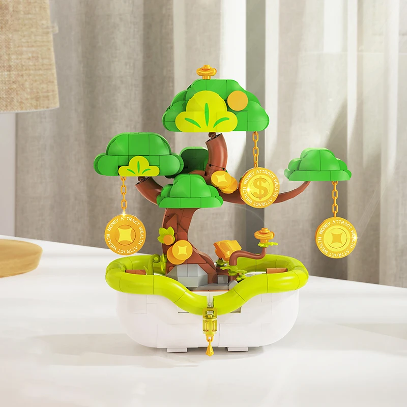 Microjuguetes de bloques de construcción de plantas en maceta con flores bonitas, adorno de escritorio Kawaii, modelo de ladrillos de árbol rico, regalos para niños y adultos