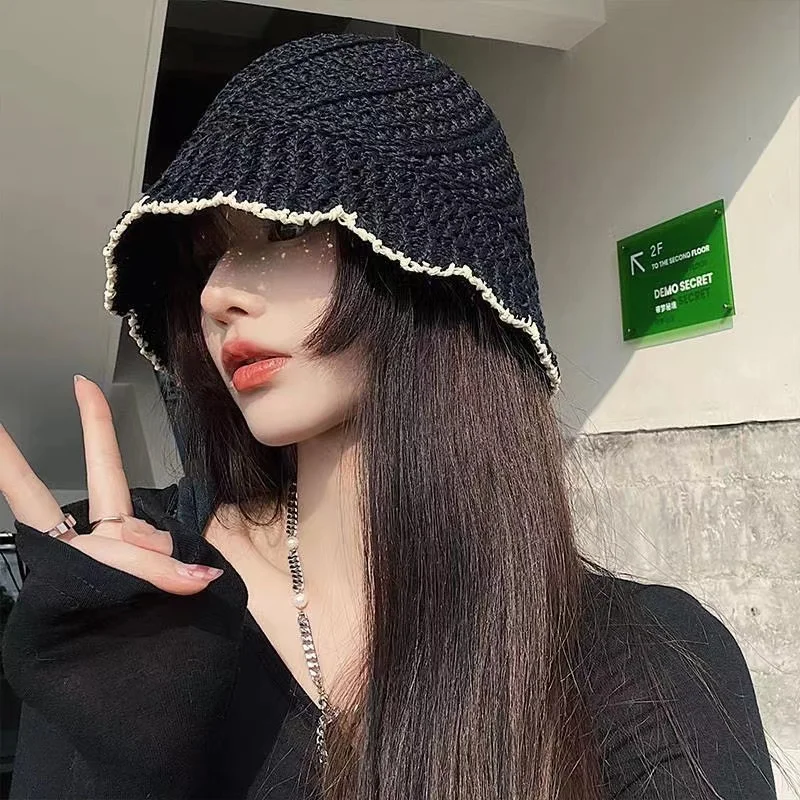 Ladies Korean Fashion Knitted Pot Hat Summer Thin Section Sunshade Sunscreen Bucket Hat Mesh Breathable Fisherman Hat Straw Hat