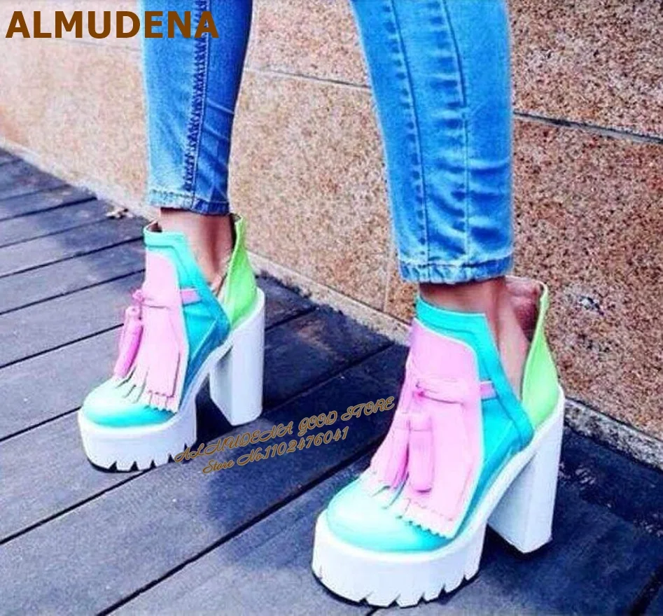 Color Block Tassel Platform Ankle Boots Pastel Rainbow Chunky Block Heel Cutout High Heels Fringe Gothic Punk Party Dress Shoes
