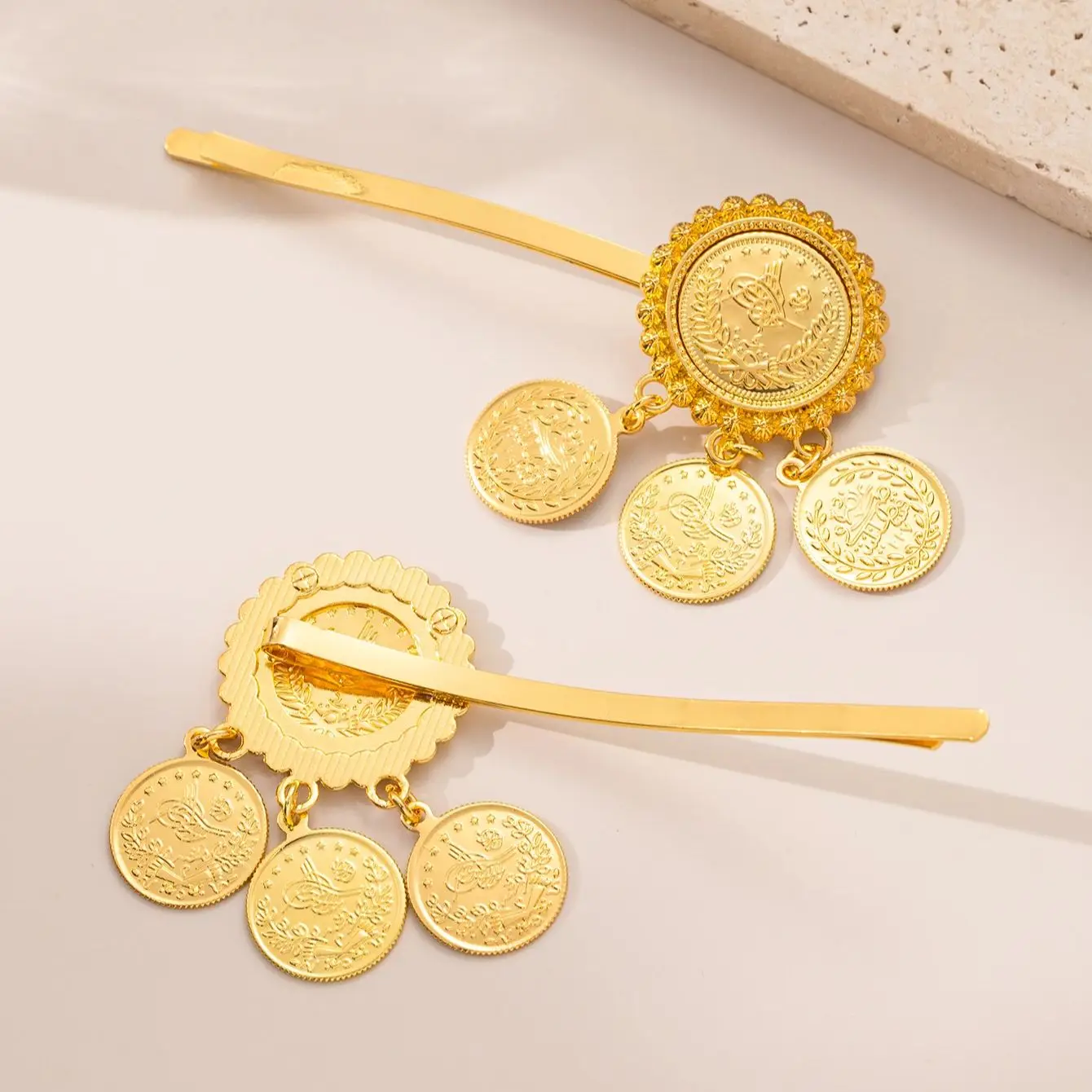 Gold Plated Turkish Arabic Totem Coin Hair Clip - Women\'s Muslim Wedding Hair Jewelry Accessory Headpiece