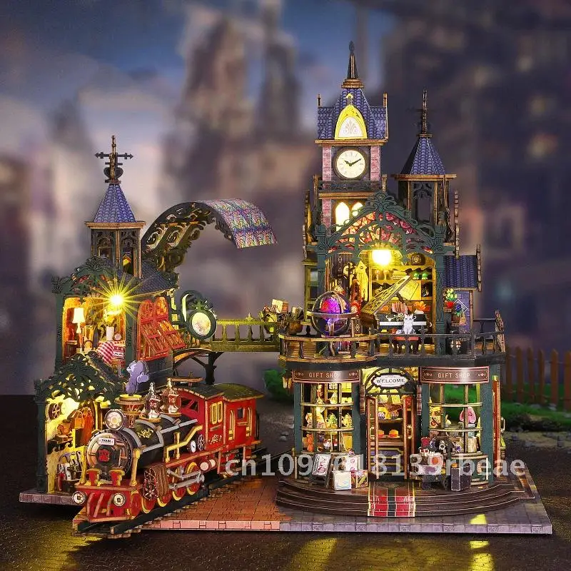 Kit di costruzione in miniatura in legno fai-da-te Case delle bambole di città segnate su binario con mobili Casa Case delle bambole magiche per regali di amici