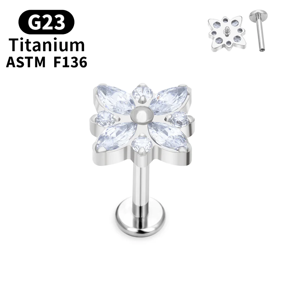 G23 Titanium 16G Blaze Petal Shape Labret Lip Stud Piercings Zircon Internally Thread  Cartilage Tragus Helix Piercings Jewelry