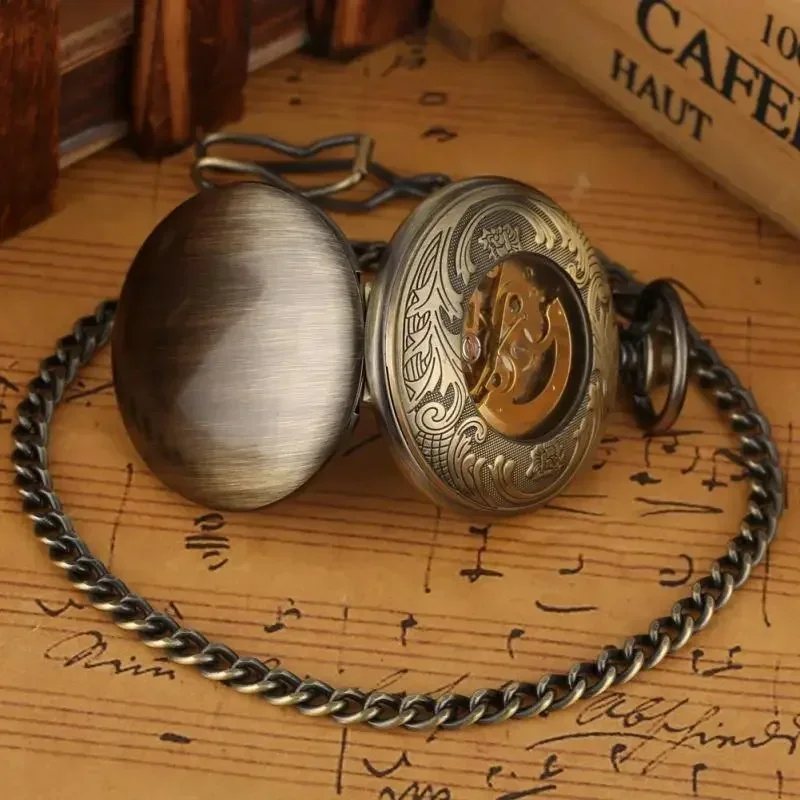 Bronze Luminous Roman Numerals Dial Unisex Automatic Mechanical Pocket Watches Pendant Chain Skeleton Clock Full Hunter Gift