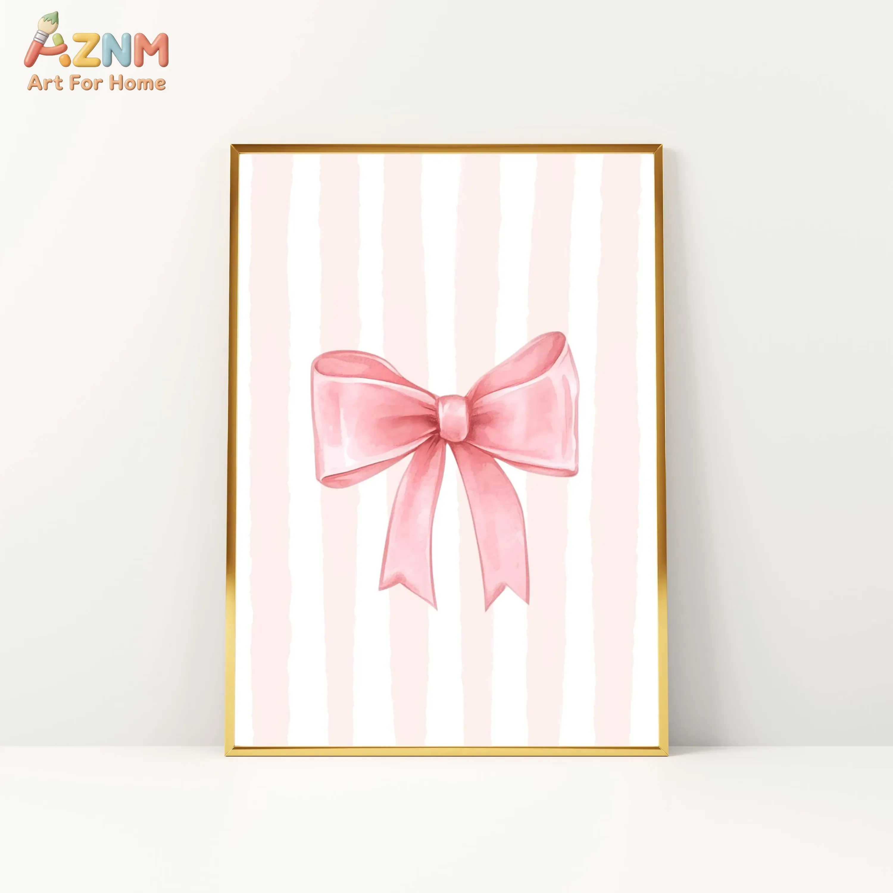 AZNM Pink Striped Bow Canvas Wall Art, Watercolor Soft Pink Ribbon Print, Coquette Aesthetic Cute Poster for Girls Bedroom Nurse