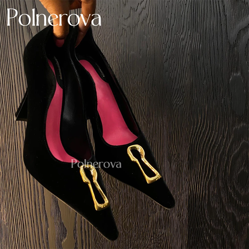 Novelty Pumps Golden Metallic Keyhole Stilettos Fashion Designer Pointed Toe High Heels for Women Black Suede Sexy Banquet Heels