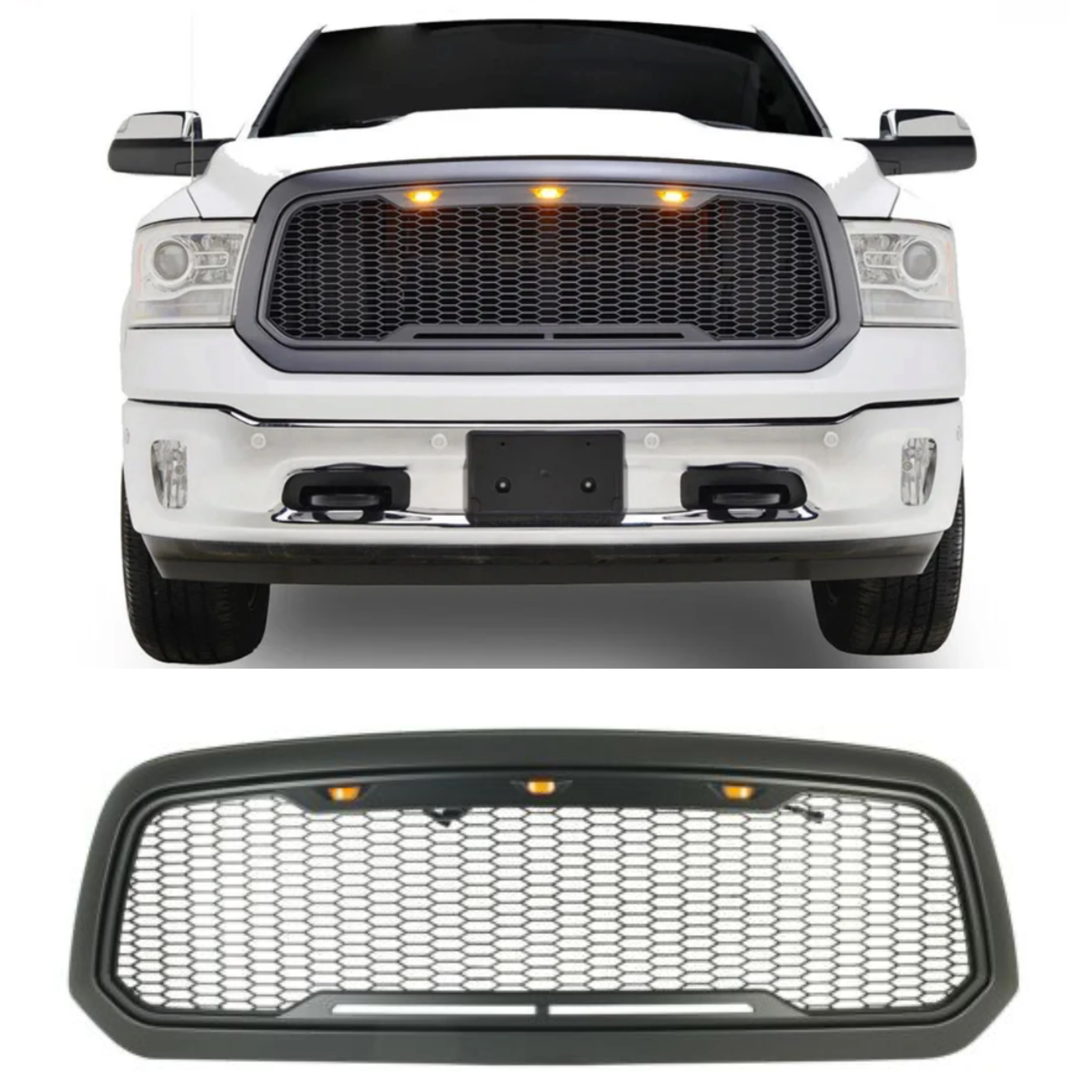 Grade dianteira do carro para Dodge Ram 1500 2013 2014 2015 2016 2017 2018, capô superior favo de mel, luz LED