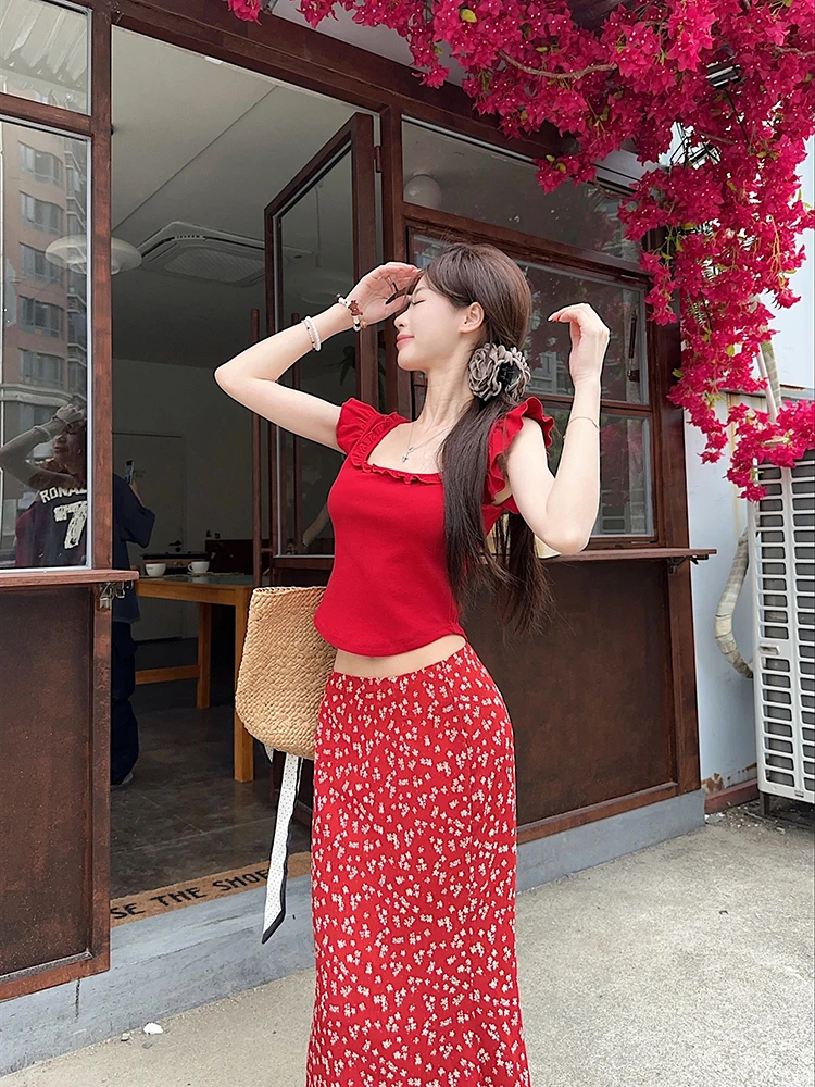 Women 2025 Summer New Sweet and Spicy Girl Red Little Flying Sleeve Slimming T-shirt Hip Wrapping Fish Tail Floral Half Skirt