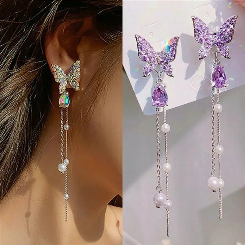 FTCY anting-anting rumbai kupu-kupu ungu untuk wanita anting-anting kancing rumbai mutiara simulasi kristal hadiah perhiasan pesta wanita