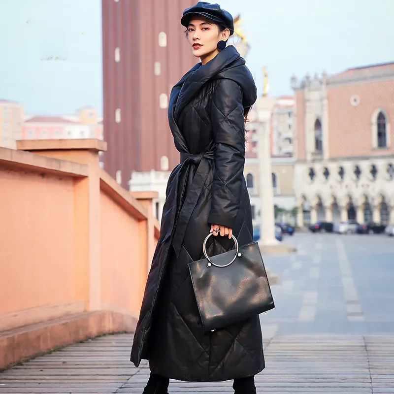 Tajiyane-Veste en cuir à capuche en peau de mouton véritable pour femmes, vestes chaudes, vêtements d'extérieur longs, vêtements d'hiver, 2023