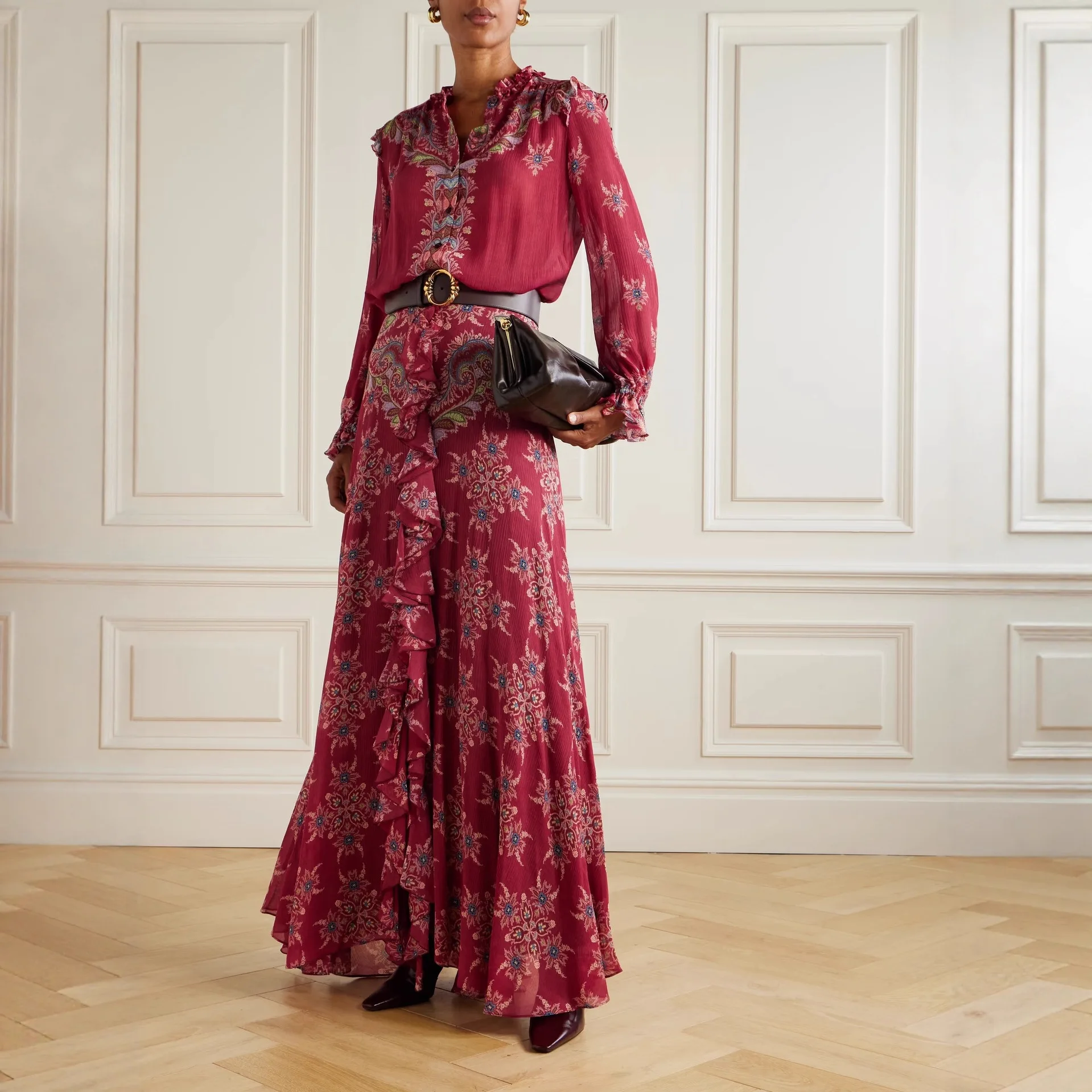

Ele Silk Chiffon Blouse And Long Skirt Set Women's Faion Ensemble Vintage Sle Four Season Wear Adult Ladies Outfit