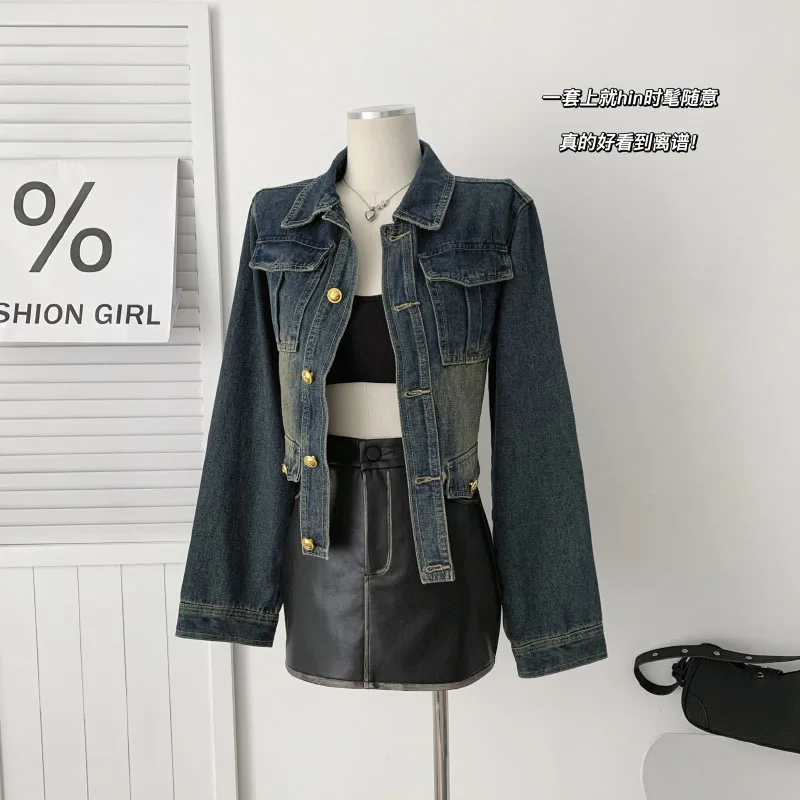 

Long-sleeved Vintage Street Women's Denim Jacket Fashion 2023 Fall Washed Sense Of Design Temperament Short Jacket Women