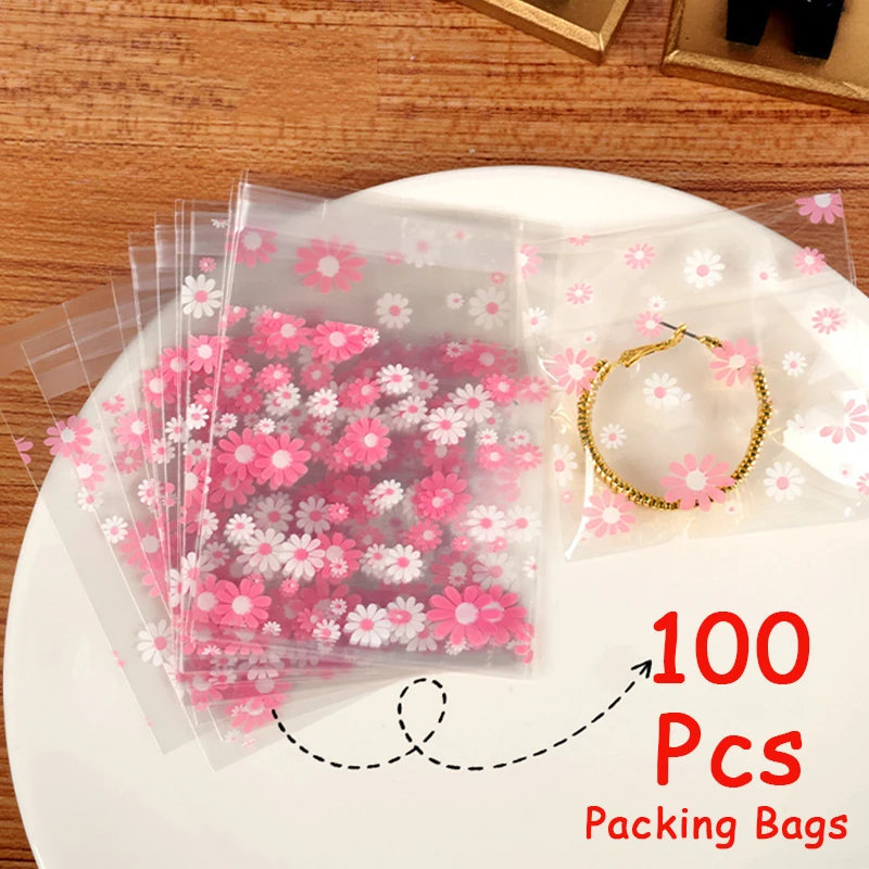 

100pcs Plastic Packing Bags Flower Self-Adhesive Bags for Biscuits Candy Cookies Jewelry Gift Packaging