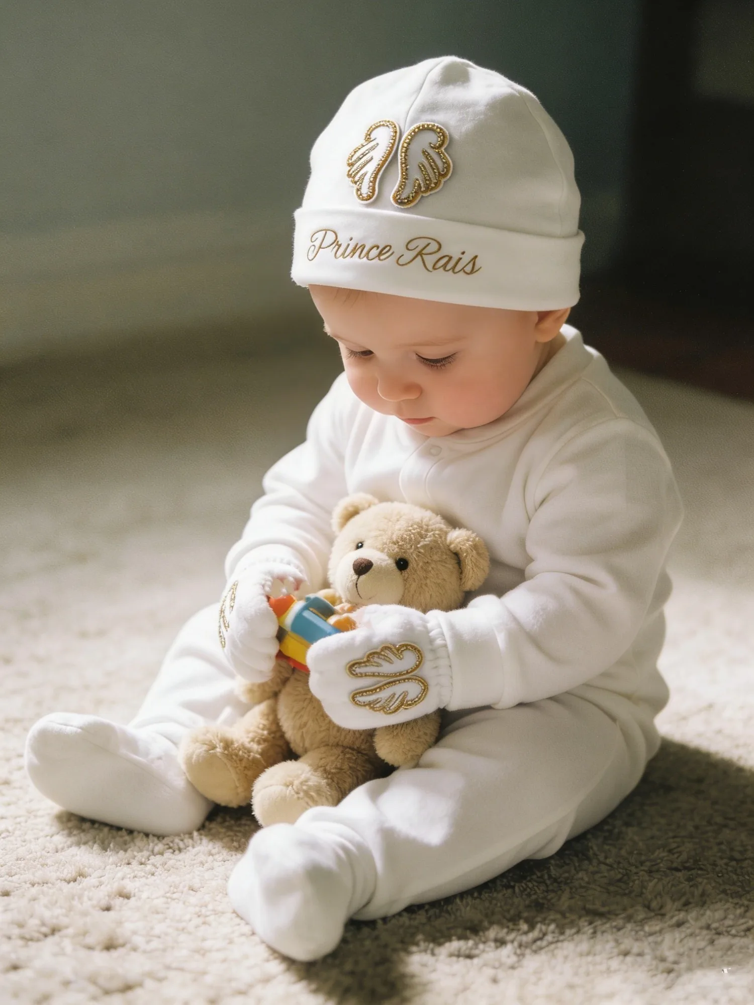 Baby Boy White Gold Angel Prince Outfit Set - Onesie Hat Shoes Mittens with 3D Wings & 