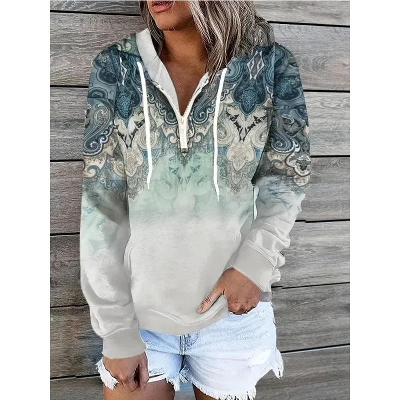 

Plus Size 1XL-5XL New Women's Print Hooded Sweatshirt Kangaroo Pocket Long Sleeve Warm Hoodie Female Autumn Casual Loose Tops