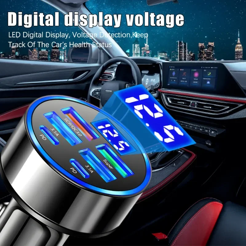 6 in 1 Digital Display Car Charger 4USB+2PD Support Super Fast Charging DC12-24V Multi Port Digital Display Mobile Phone Charger