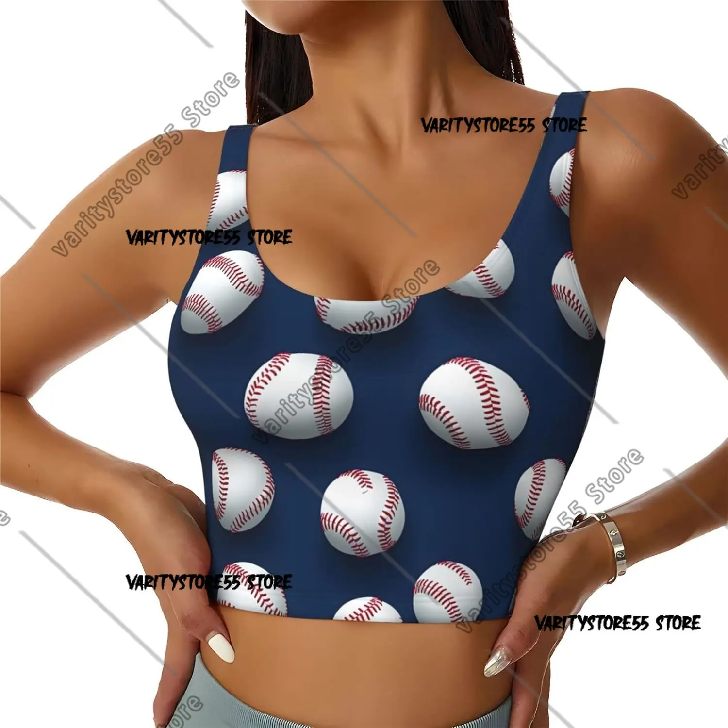 Sports Bras for Women High Support  Modern Baseball White Print Running Athletic Workout Crop Tank Top