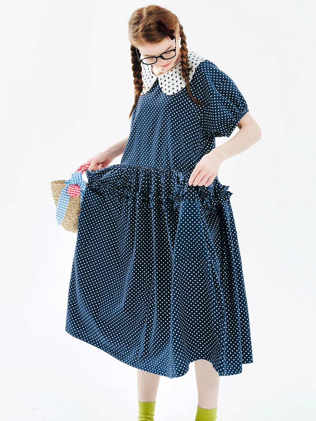 imakokoni 2024 Summer A-line Long Dress Cotton Japanese Polka Dot Contrast Round Neck Dress 244711