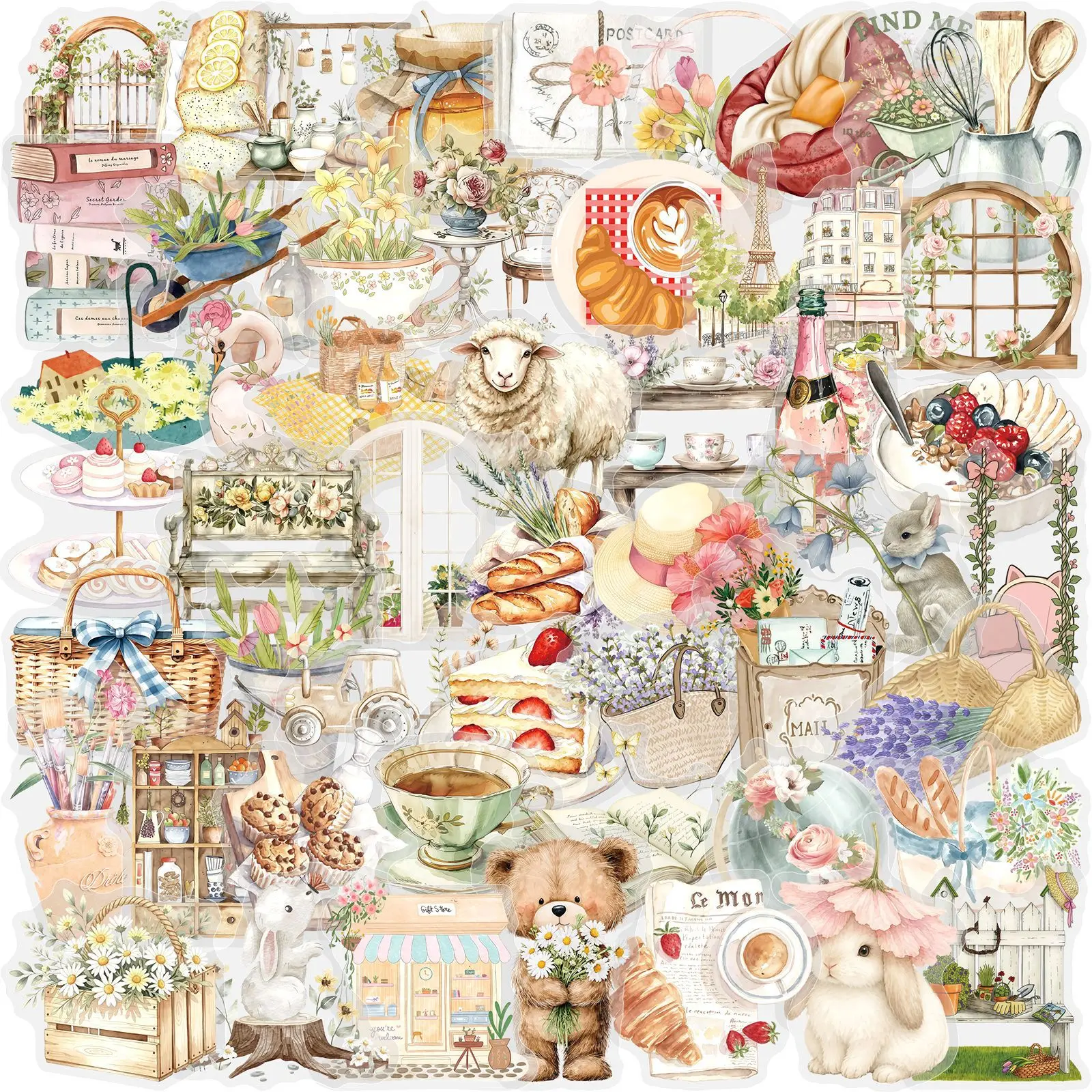 50PCS Watercolor French Pastoral Artistic Transparent Waterproof Decals DIY Hand Account Scrapbook Gift Box Non Repeated Sticker