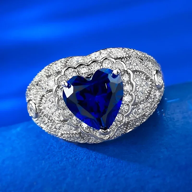 New Sterling Silver Heart Shaped Simulated Sapphire 8 *  Ring ins Foreign Trade Handicrafts