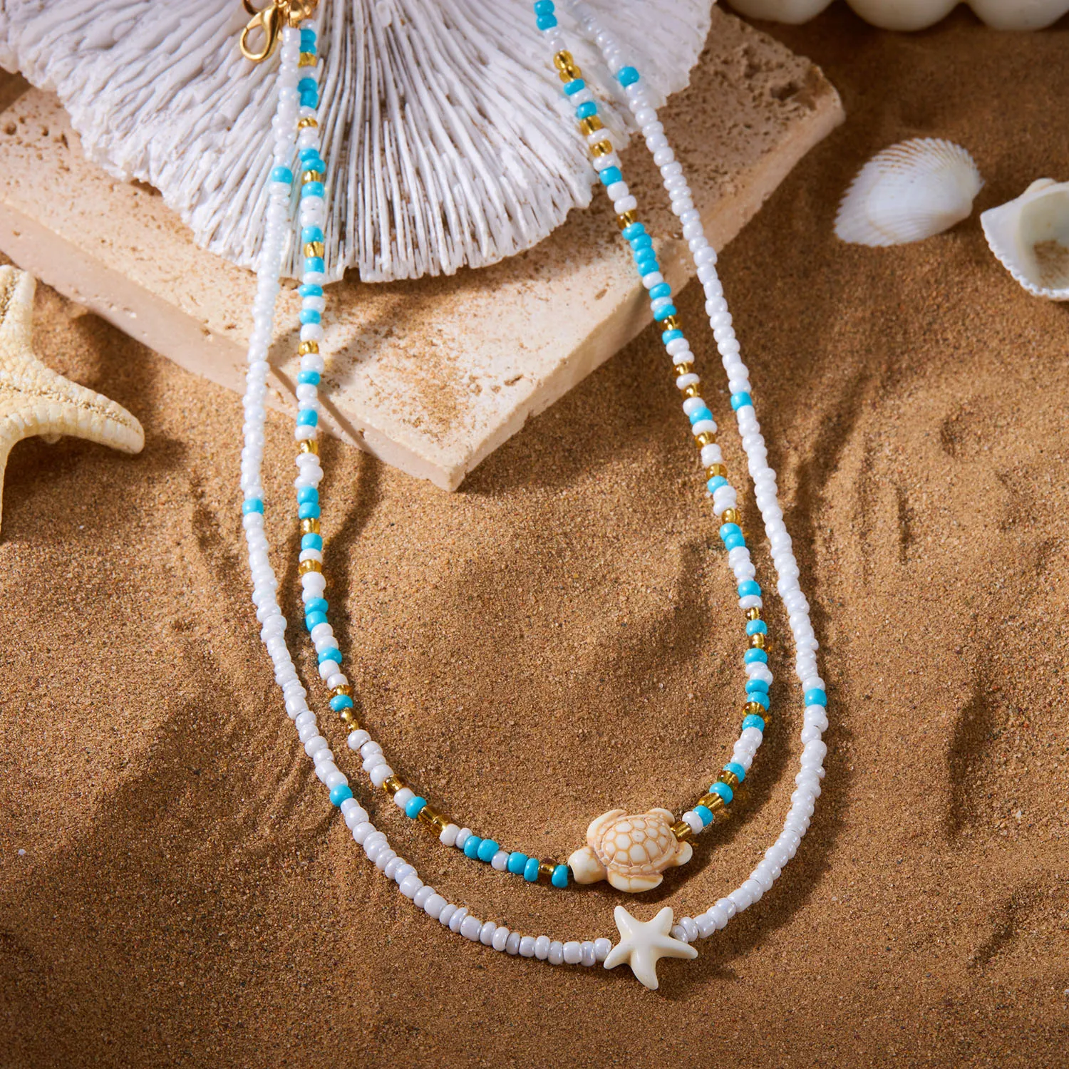 Bohemian Doppel Reis Perle Kette Schlüsselbein Halskette für Frauen Acryl Schildkröte Seestern Anhänger Halsband Sommer Strand Mode Schmuck – Detail 16