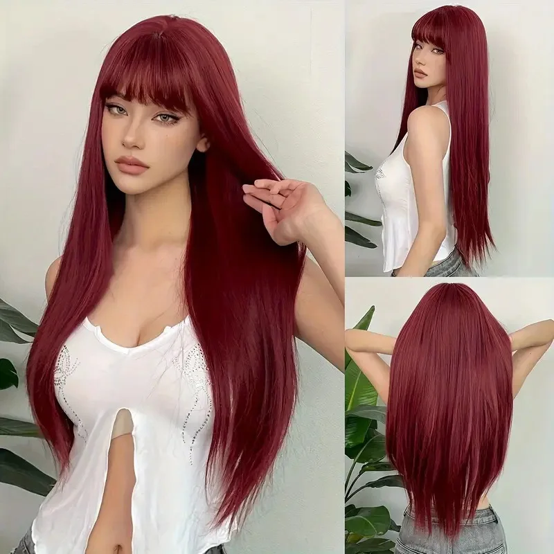 New Arrival Women's Full Lace Wig, Straight Long Hair with Bangs, Multi-Color Elegant Goddess Hairpiece
