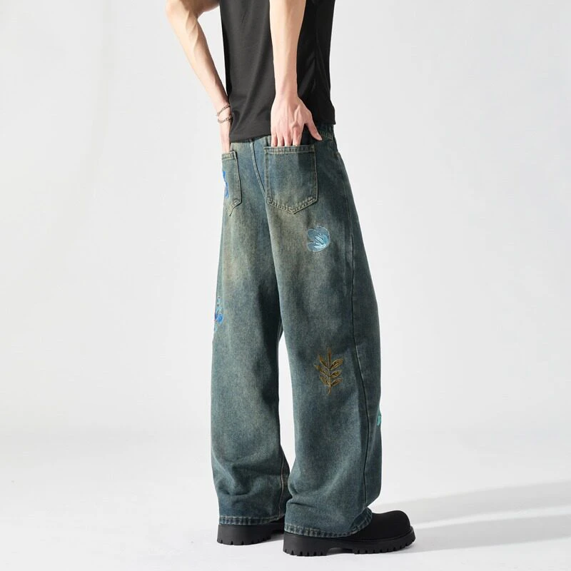 Whth nova moda masculina bordado lavagem reta solta calças jeans na moda verão casual de cintura alta perna larga jeans masculino 2a0190