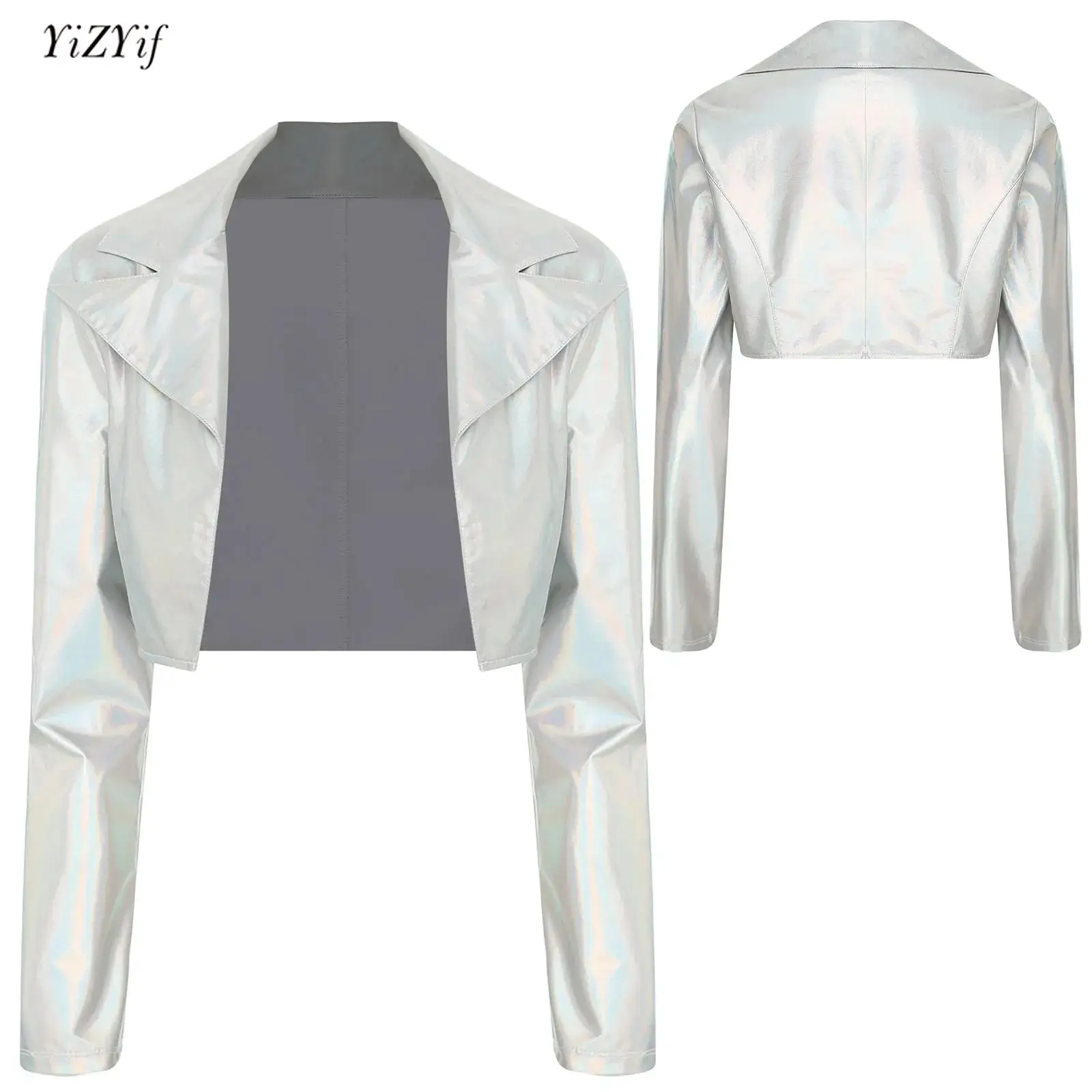 Womens Metallic Shiny Crop Jacket Coat Notched Lapel Long Sleeve Open Front Outerwear Biker Jacket Punk Dance Party Clubwear