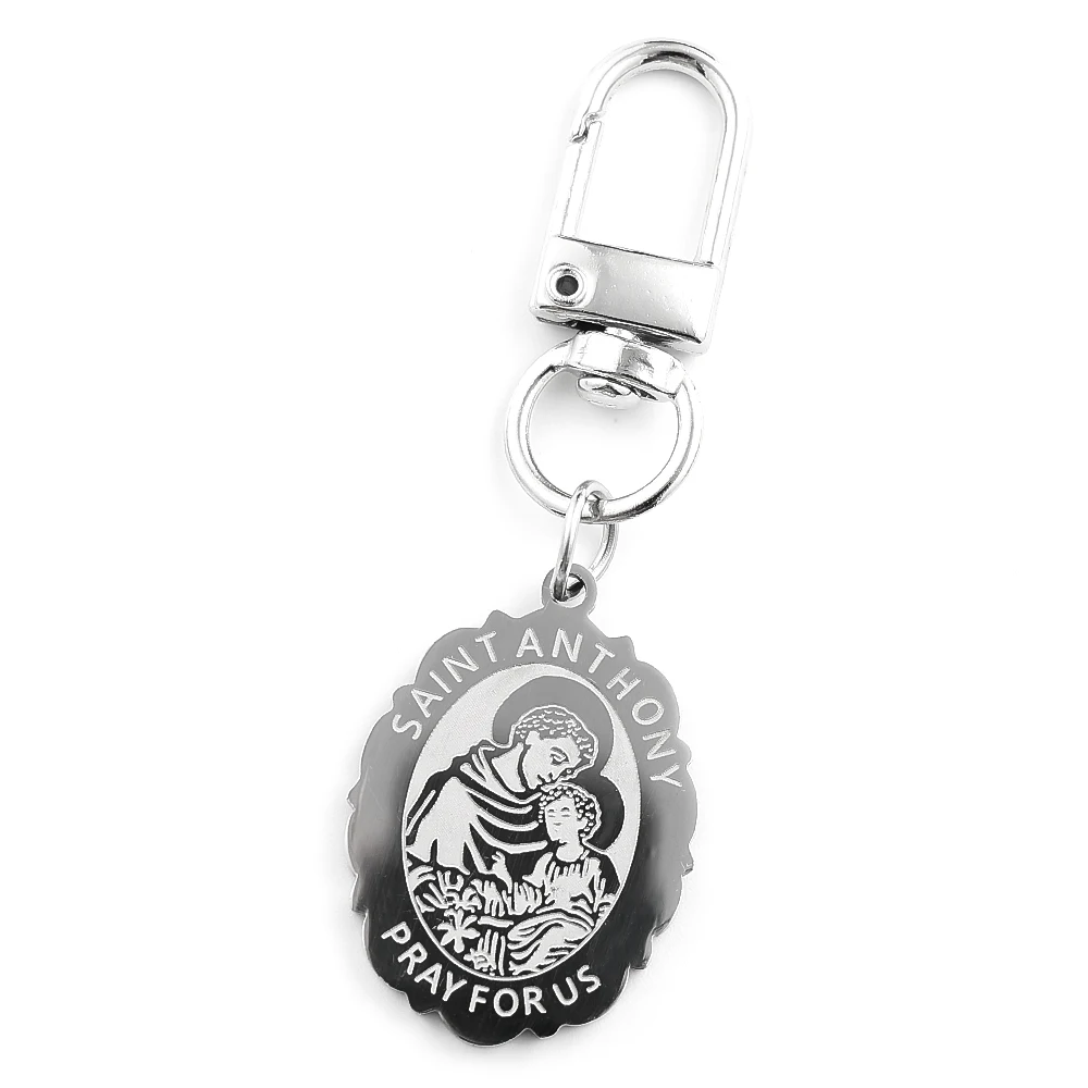 Stainless Steel Saint Anthony Medal Keychain Pray For Us Jesus Moses Biblical Ten Commandments Bag Charm Key Ring Religious Gift