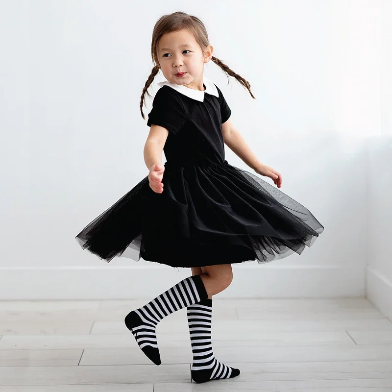 Wednesday Addam Girls Costume for Kids Gothic Black Gothic Halloween Carnival Cosplay Costumes White Doll Collar Children Dress