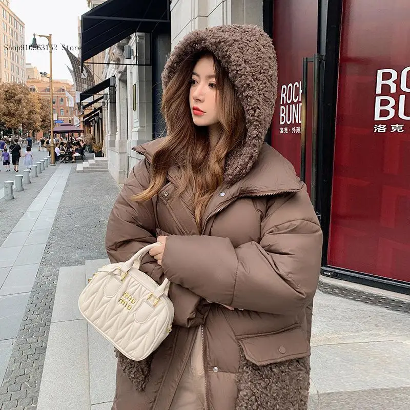 Spring and Autumn Winter Solid Color Medium Long Slim Fit Hoodie Thickened Lamb Wool Large Pocket Cotton Coat for Women