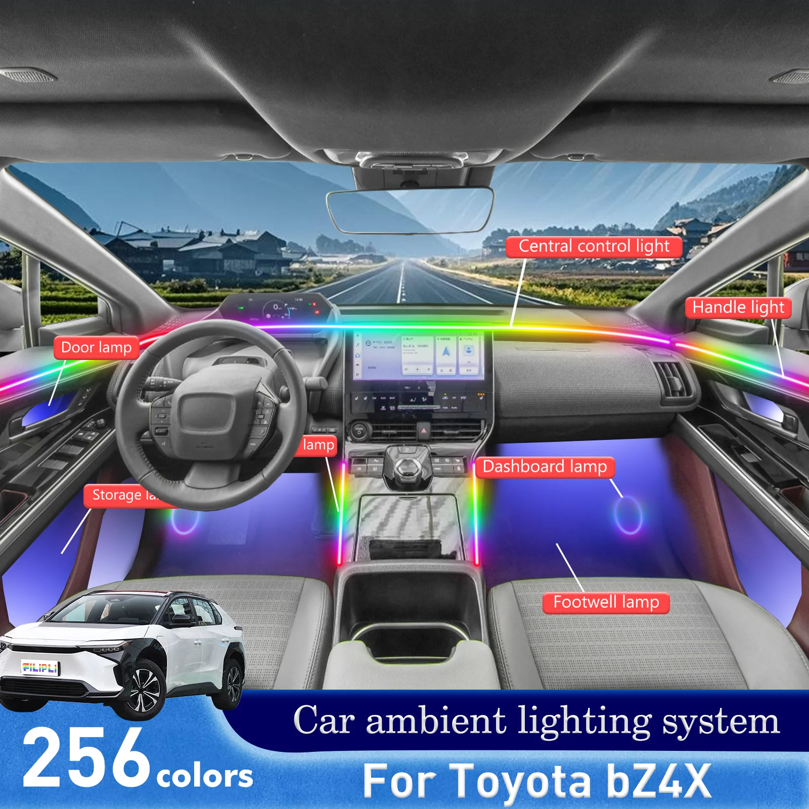 

For Toyota BZ4X RGB 64 Colors LED Car Interior Ambient Light Smart Remote Control Rainbow Acrylic Strip Set