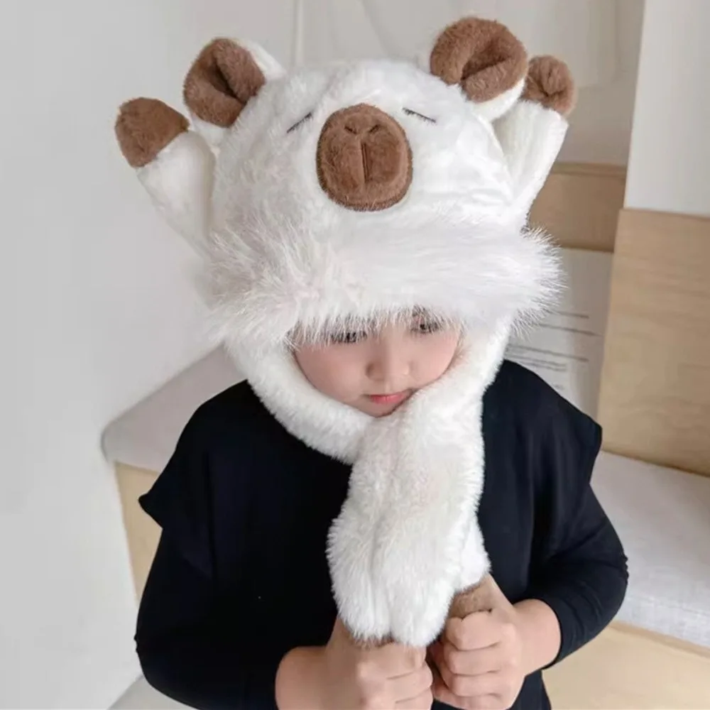 

Windproof Kids Ear Protection Hat Movable Ears Soft Capybara Hooded Scarf Integrated Thickened Plush Hat Scarf Set