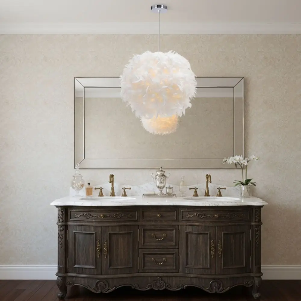 White Feather Shade Feather Pendant Light E27 Holder Fluffy Feather Design Feather Chandelier Nordic Style Cozy Hanging Lamp