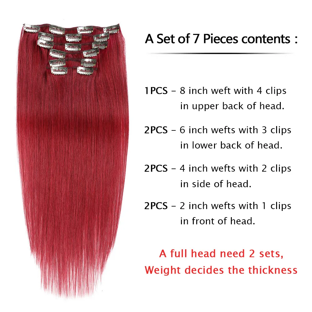 Clip In Hair Extensions Real Human Hair 14-18 Inch 7pcs Human Hair Extension Clip Ins Burgundy Wine Red Long Full Head For Women