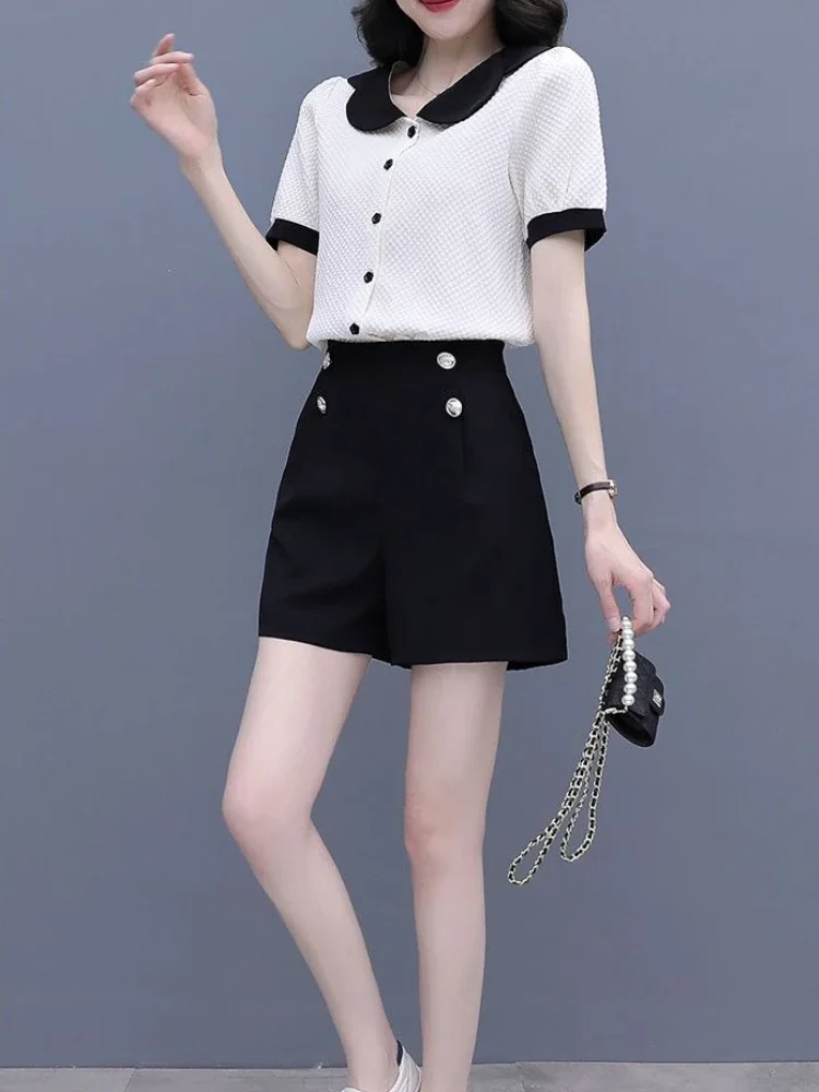 

Shirts & Blouses Short Sets for Women 2 Pieces Korean Style Office Cotton Outfit New in Matching Features Stylish Woman Shorts