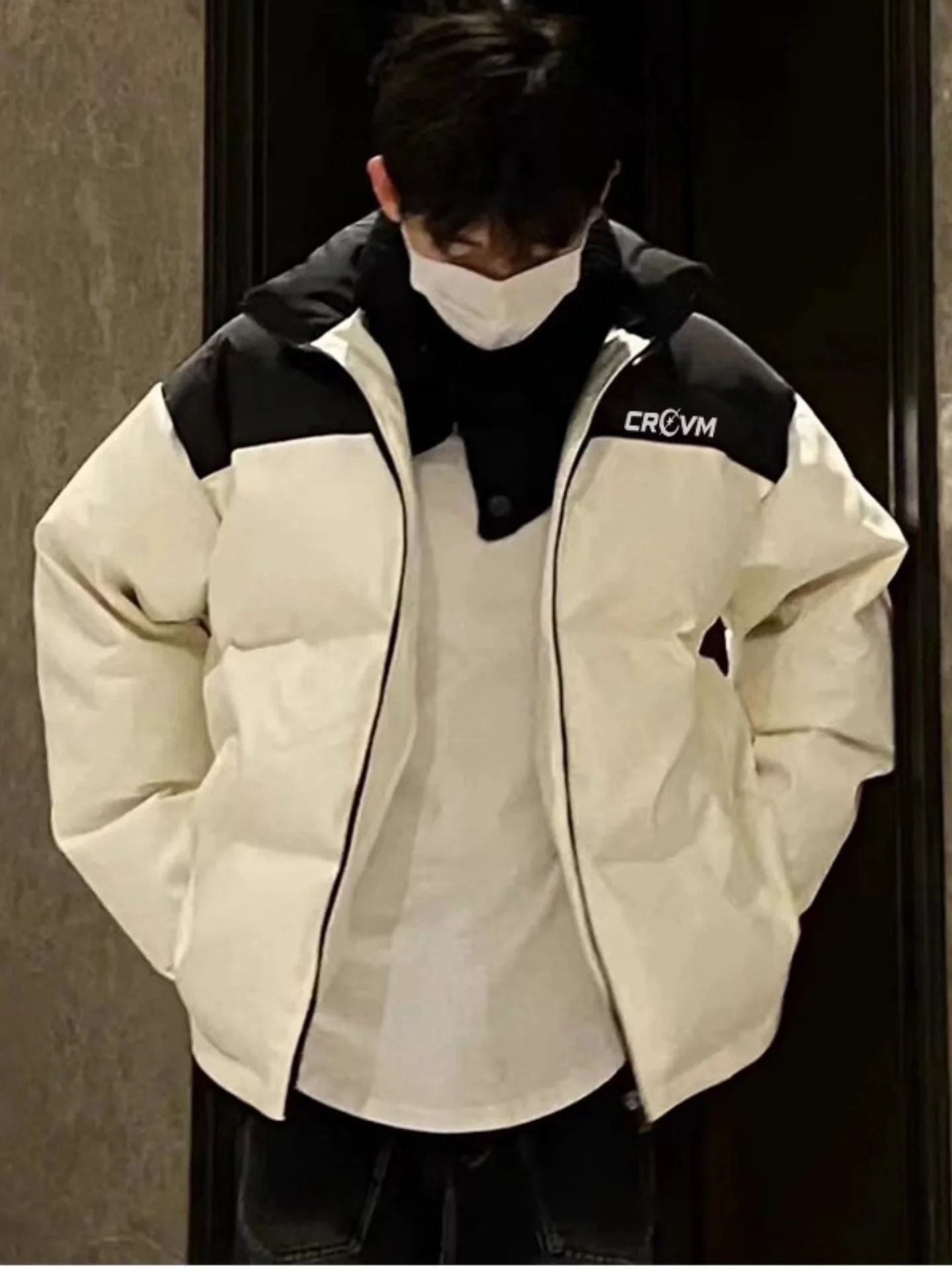 

Men's Thiened Winter Jaet Bla White Splicing Stand Collar down Cotton Coat Youth Loose Not Puffy Warm Casual Outerwear