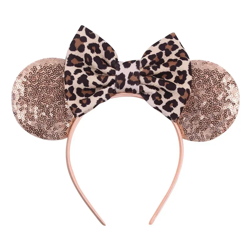 Disney-Mulheres Leopard Print Headband, Mickey Mouse Ear, lantejoulas Bow Hair Accessories, meninas, crianças, adultos, Festival, Festa, Hairbands