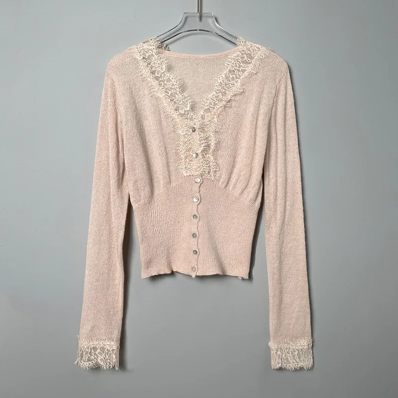 Korean Version New V-neck Lace Splicing Single Breasted Long Sleeve Cardigan Women Solid Slim Sweater