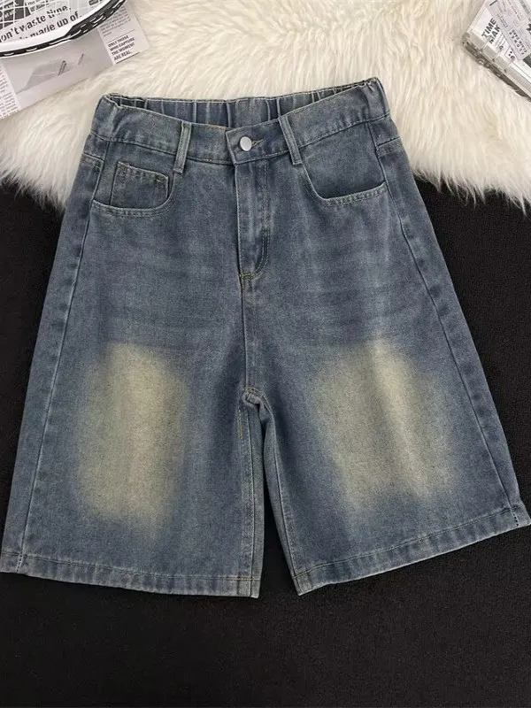 

Retro American Washed Denim Shorts Men Summer Thin Trendy High Street Casual Loose Wide Leg Five-Point Pants