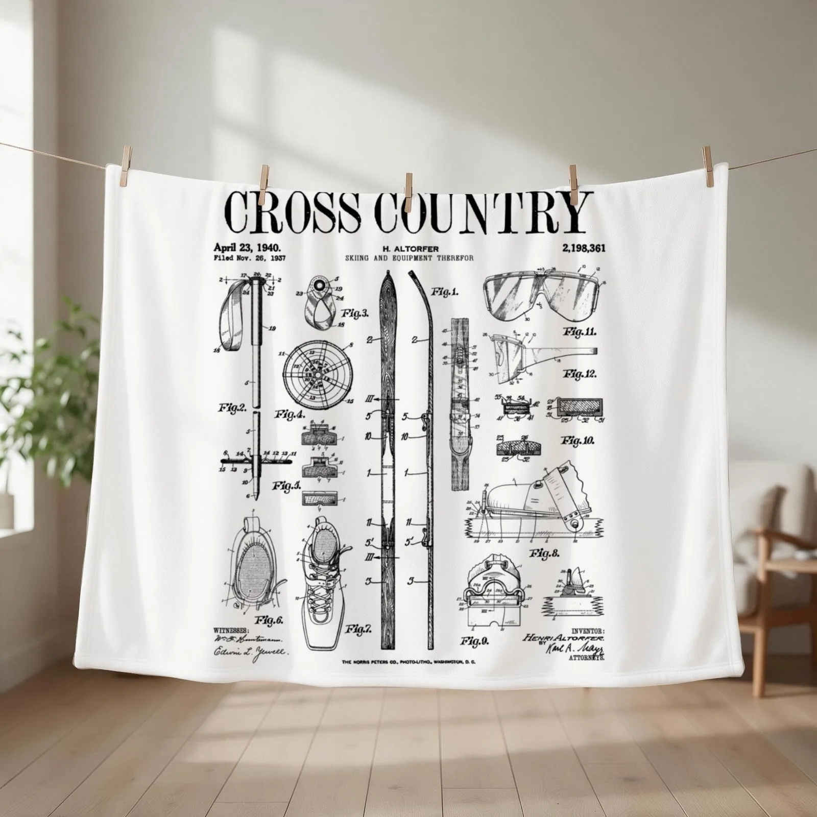Cross Country Nordic Skiing Ski Vintage Patent Skier Print Throw Blanket couch cozy soft plush fuzzy picnic outdoor blanket