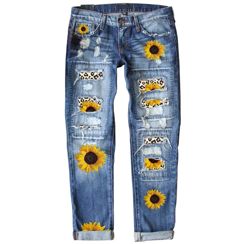 

Women Denim Trousers Zip Broken Holes Leisure Fashion Sense Broken Holes Design Sense Europe and The United States Printed Sweet