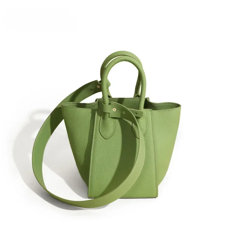 

2024 New Avocado Green Solid Color Tote Bucket Bag Chic 100% Genuine Leather Women Handbag Small Brand Designer Shoulder Bag