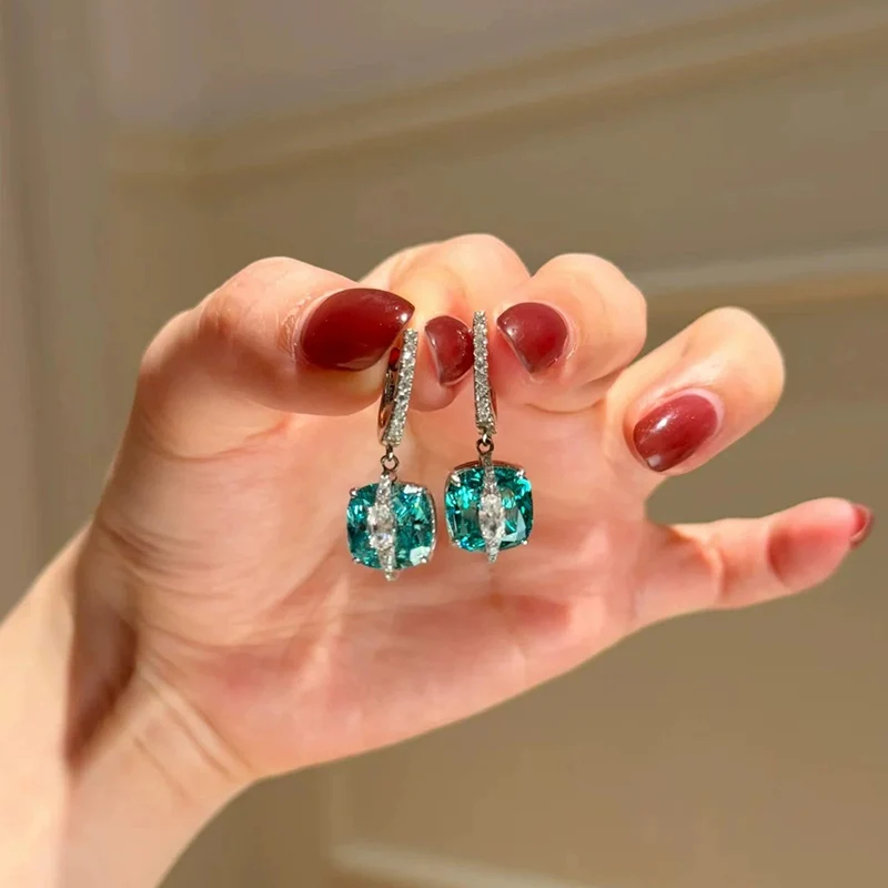 High end Color Square Candy Necklace Sparkling Lake Water Green Crystal Earrings Ring Luxury Jewelry Set For Women KOFSAC
