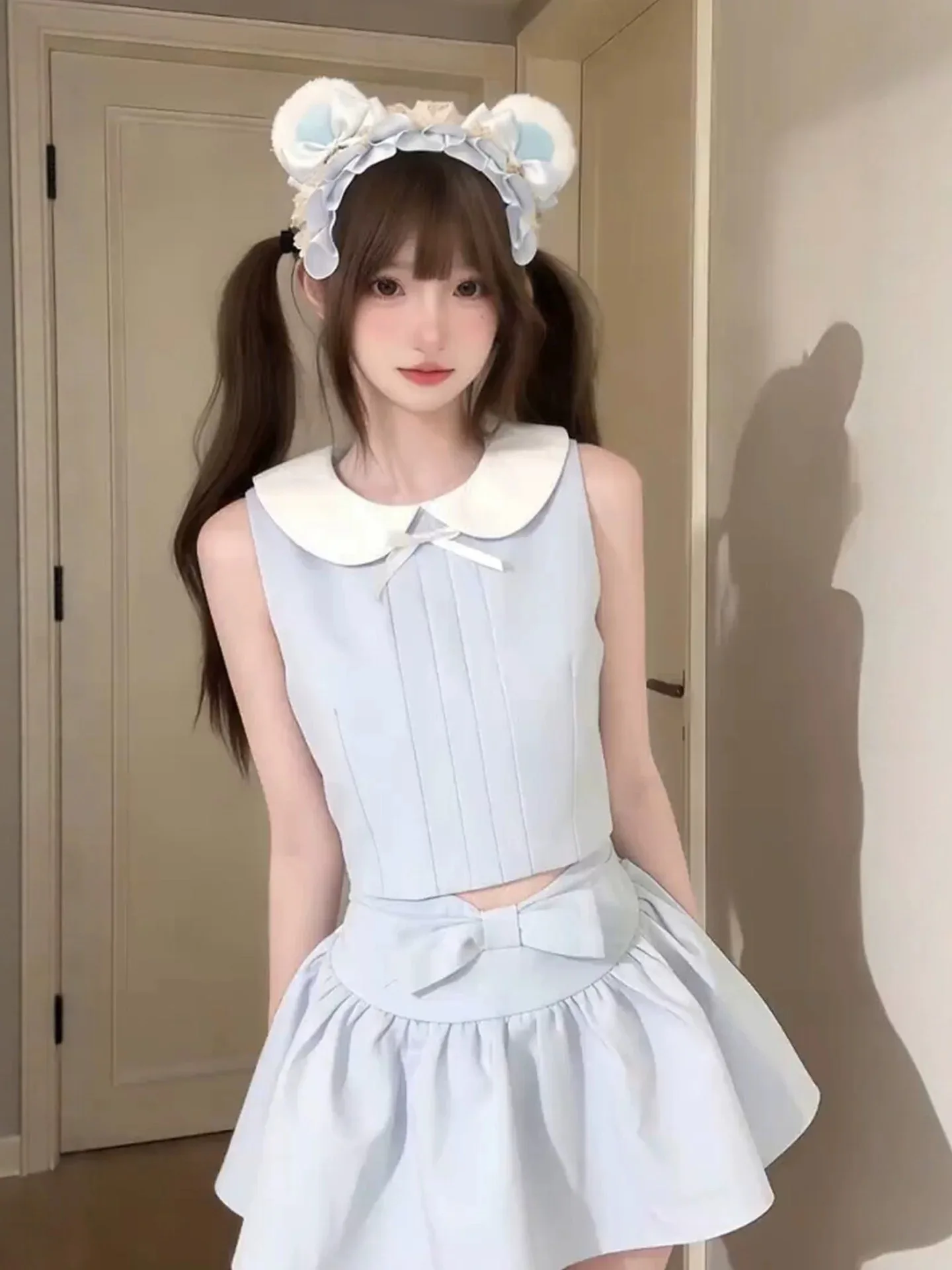 

Cute Girl Short Skirt Set Women Summer First Love Style Sleeveless Top Half-Length Skirt Two-Piece Knot