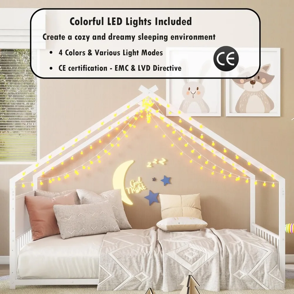 Cama de chão montessori de tamanho duplo com luz LED RGB, cama de chão de casa de tamanho duplo com cabeceira alta e estribo