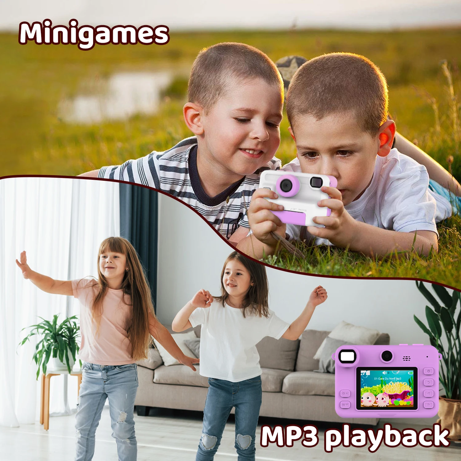 Aparat Cyfrowy dla Dzieci z Kartą 32GB Mini Drukarka Przenośny Termiczny Aparat do Natychmiastowego Drukowania Zdjęć dla Dzieci Nagrywanie Wideo 1080P Zabawka Prezent