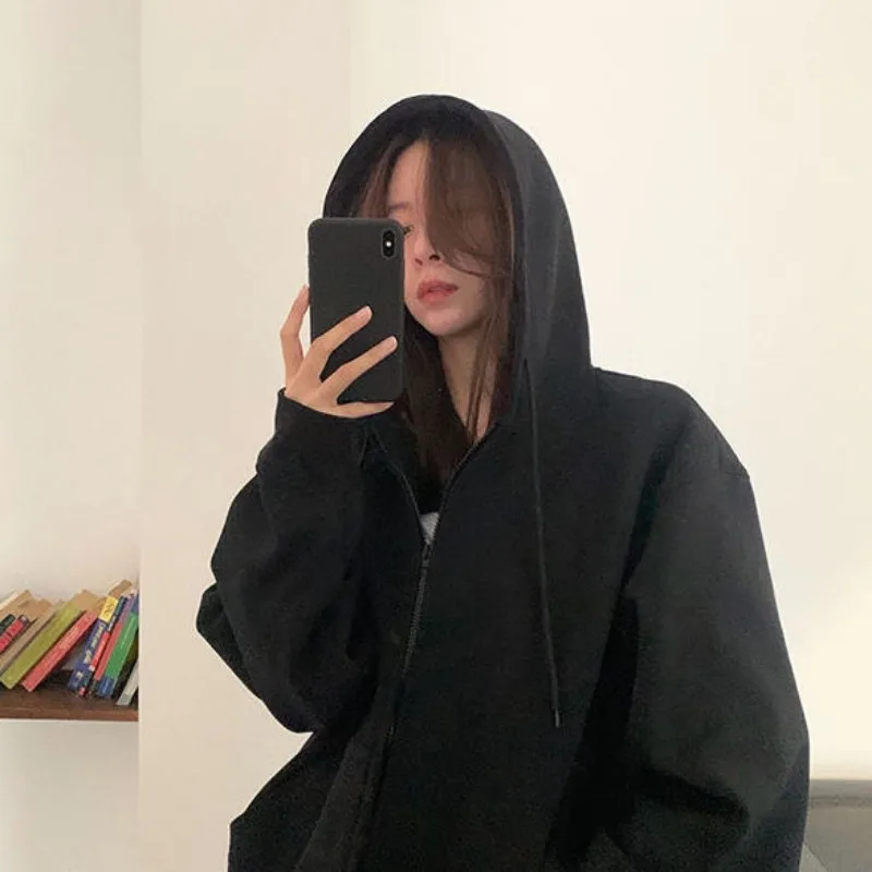 Plus Velvet Thicker Hooded Sweatshirts Women Hip Hop Hoodies Loose Oversized Zipper Pocket Embroidery Autumn Fashion Streetwear