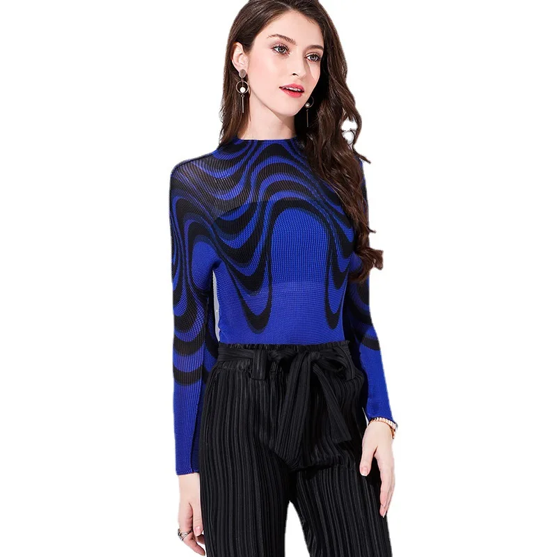 Miyake Pleated Top Fashion Women's Long Sleeve Top Printing Pleated Poloneck T-shirts